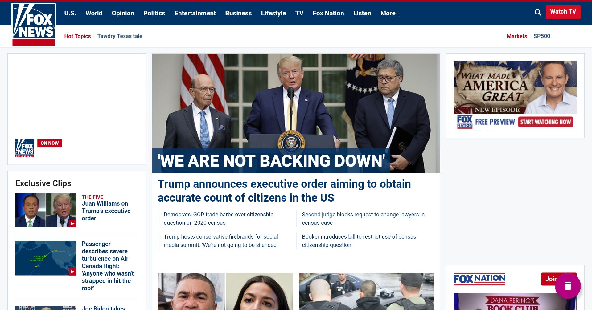 The Fox News home page on July 7, 2019
