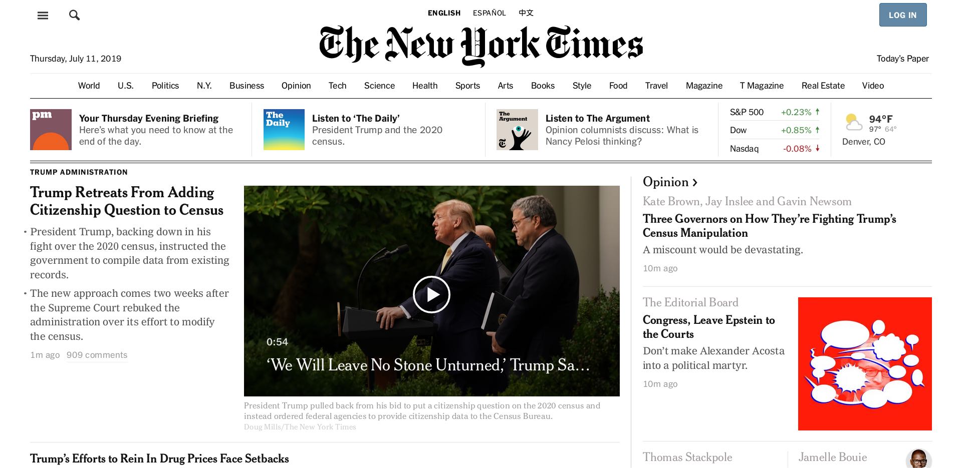 The New York Times home page on July 7, 2019 