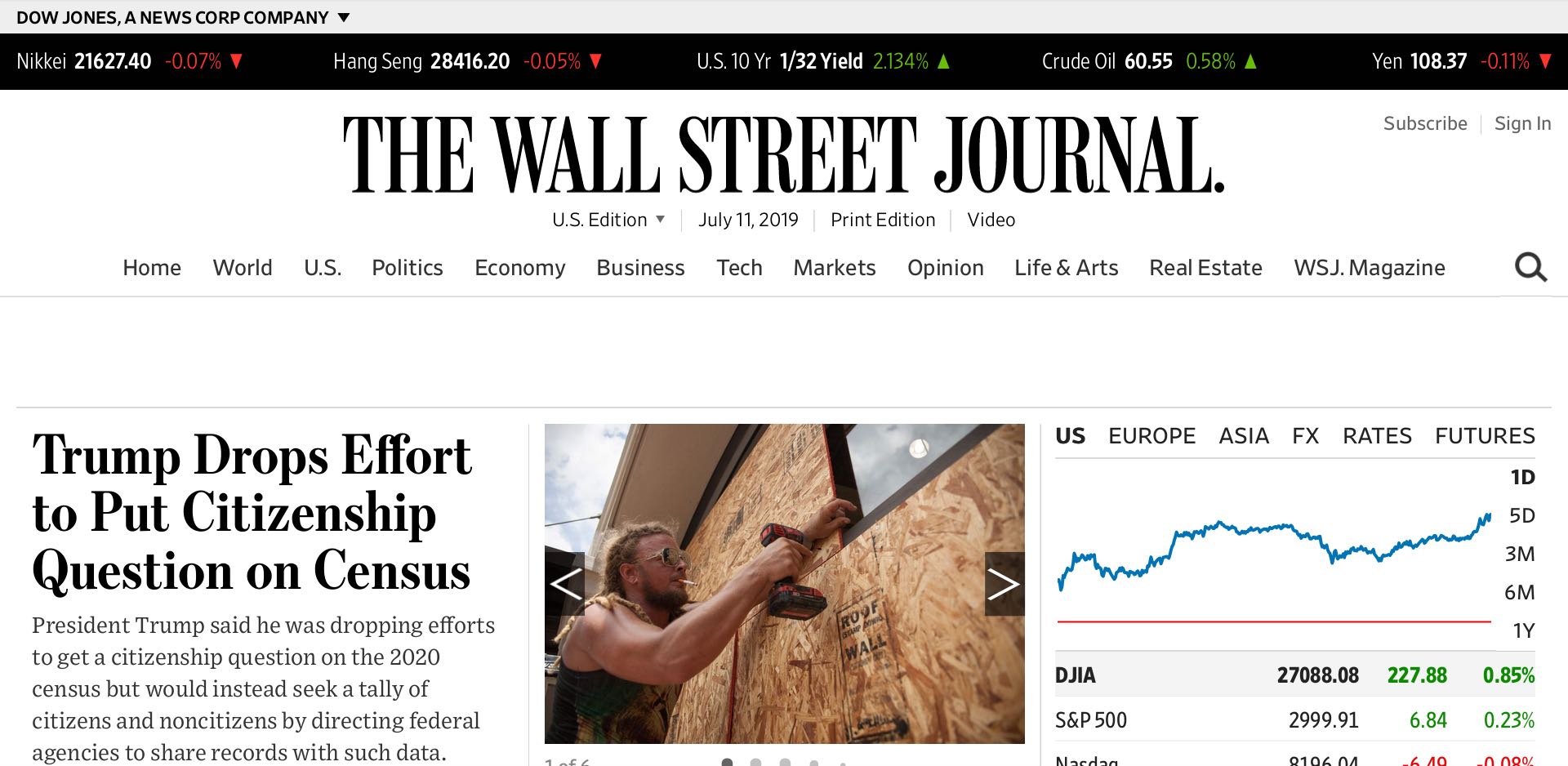 The Wall Street Journal home page on July 7, 2019 
