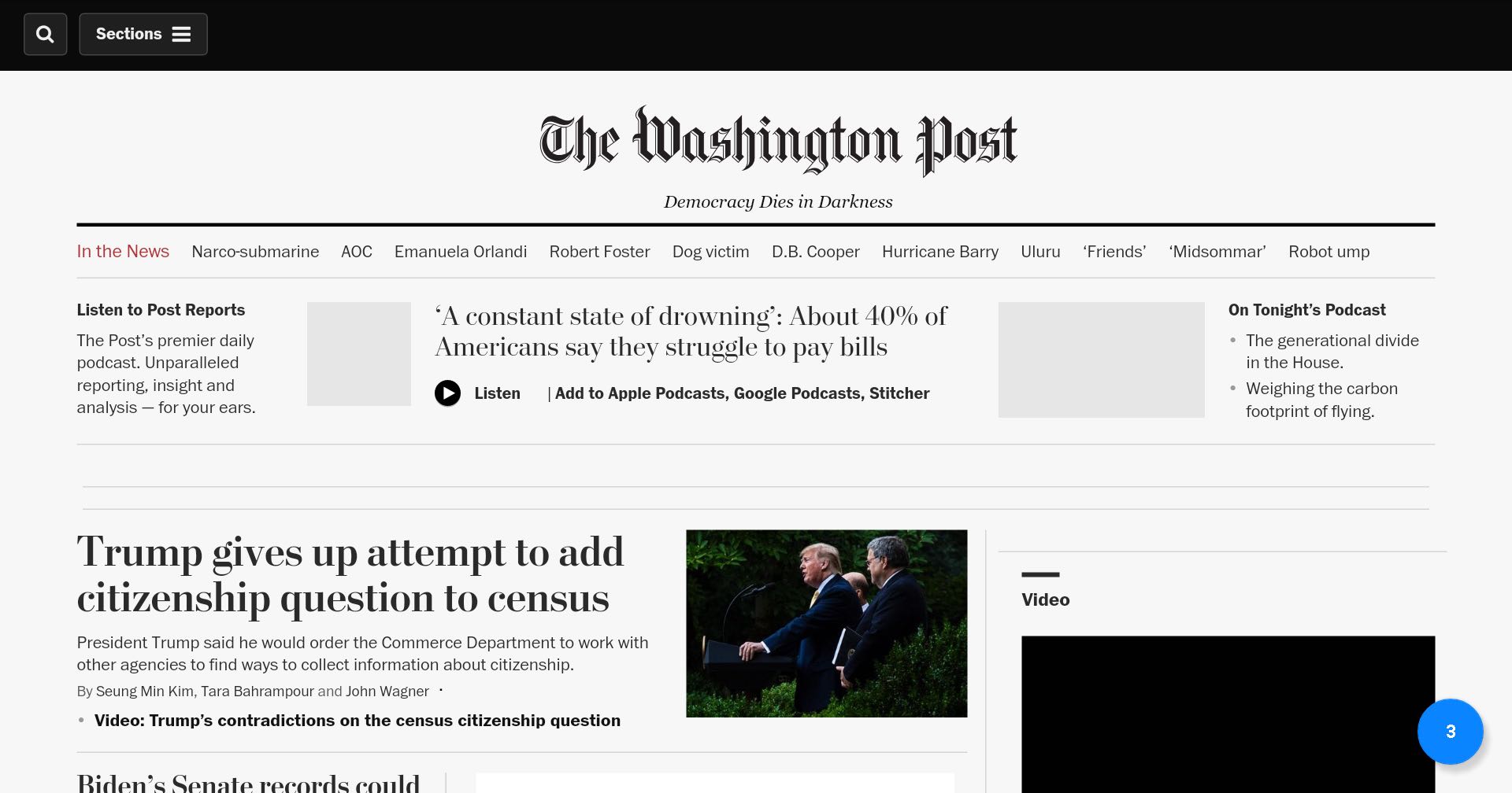The Washington Post home page on July 7, 2019