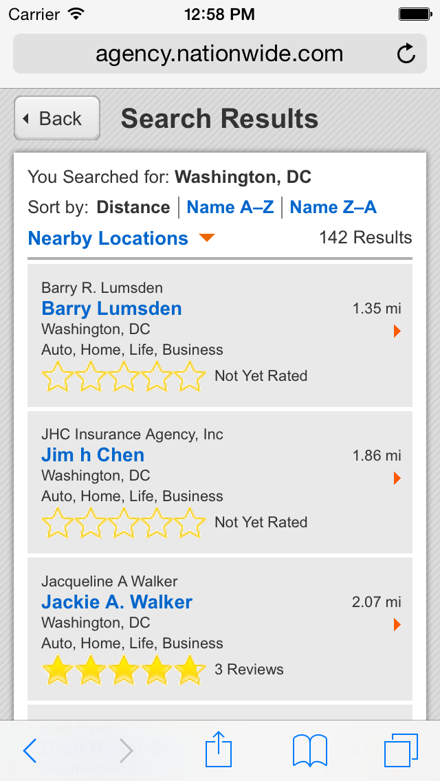 results page of the mobile locator