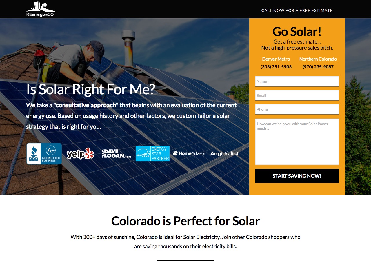 Go Solar website, as viewed on a desktop browser. The page is wide, but short.