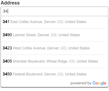 Autocomplete menu appended to botton of field, offereing address matching what the user entered.