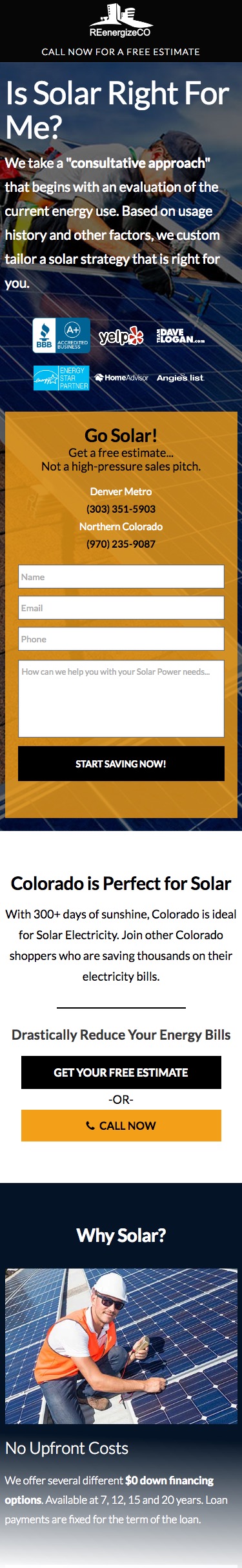 Go Solar website, as viewed on a mobile browser. The page narrow and very tall.